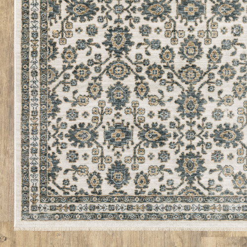 10' X 13' Ivory And Blue Floral Area Rug With Fringe