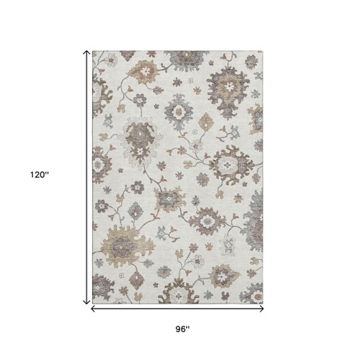 8' X 10' Ivory Gray And Brown Floral Medallion Washable Area Rug With UV Protection