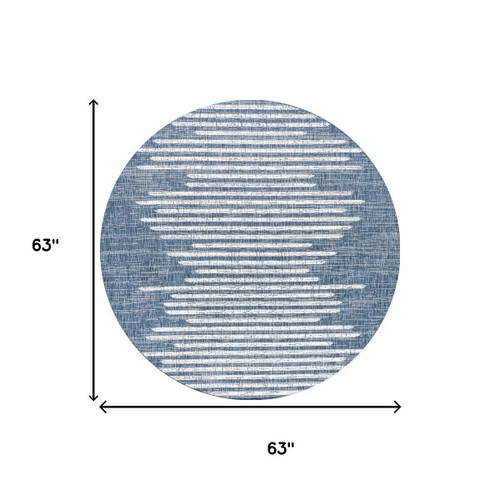 5' Blue And Ivory Round Striped Indoor Outdoor Area Rug