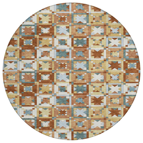 8' Orange And Copper Round Patchwork Washable Indoor Outdoor Area Rug