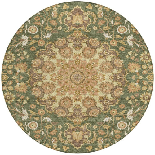 8' Olive Green And Green Round Damask Washable Indoor Outdoor Area Rug