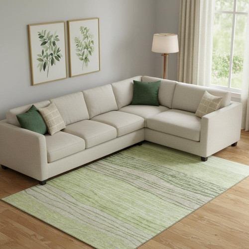 8' X 10' Artichoke Green And Taupe Striped Washable Area Rug With UV Protection