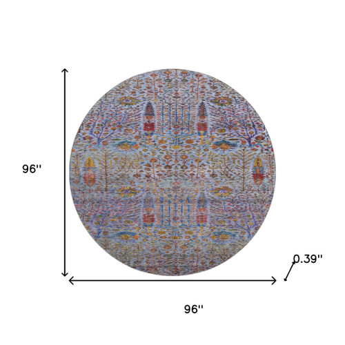 8' Blue And Red Floral Vines Washable Round Rug With UV Protection