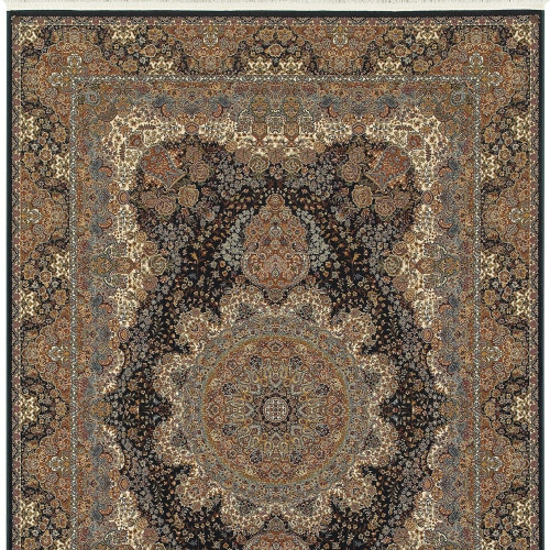 5' X 8' Dark Blue Black And Teal Medallion Area Rug With Fringe