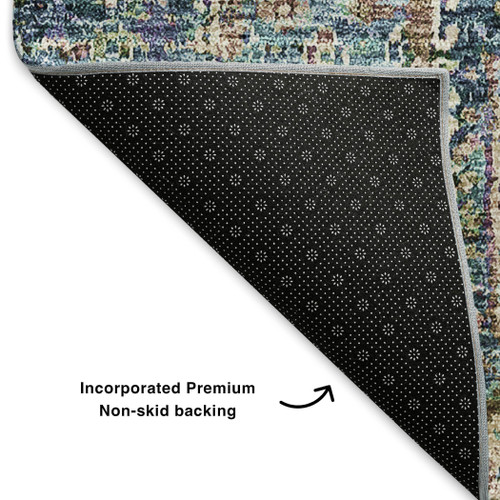 10' X 14' Green Blue And Beige Floral Washable Area Rug With UV Protection