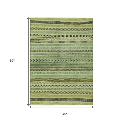 3' X 5' Artichoke Green And Taupe Striped Washable Indoor Outdoor Area Rug