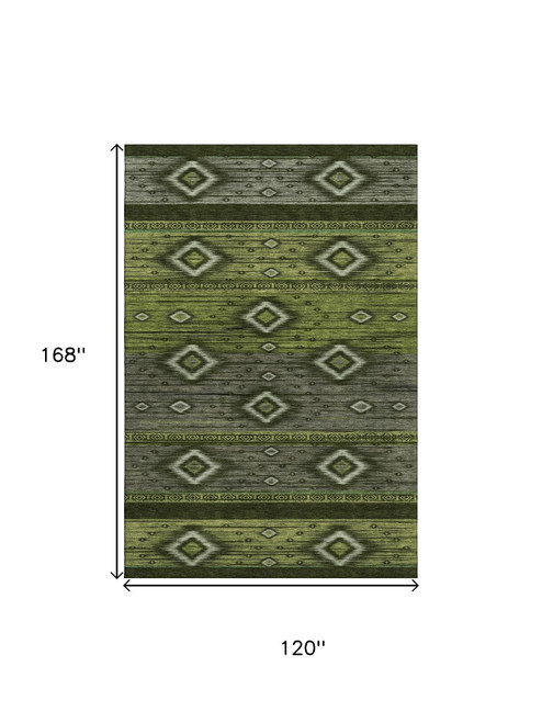 10' X 14' Artichoke Green And Gray Tribal Washable Area Rug With UV Protection