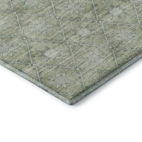 5' X 8' Artichoke Green And Beige Geometric Washable Area Rug With UV Protection
