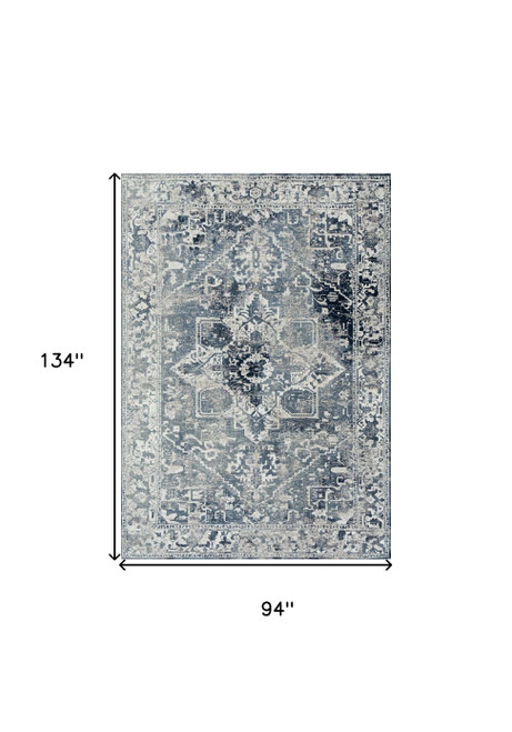 8' X 11' Blue And Beige Tribal Washable Area Rug With UV Protection