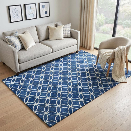 5' X 8' Blue And Ivory Wool Geometric Hand Tufted Area Rug
