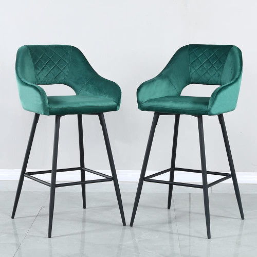 Set Of Two 38" Green Velvet And Black Open Back Bar Height Chairs