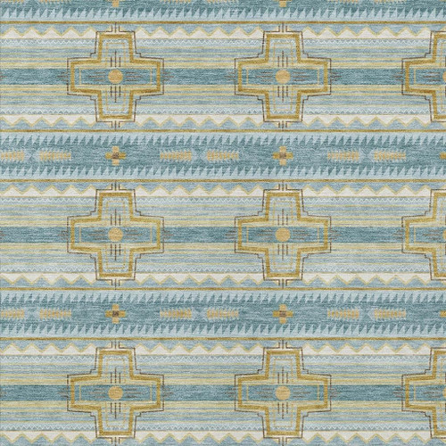5' X 8' Teal Blue And Gold Tribal Washable Indoor Outdoor Area Rug