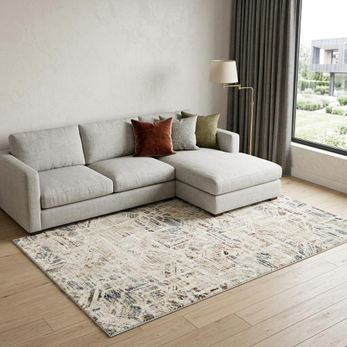 7' X 9' Beige And Blue Geometric Area Rug