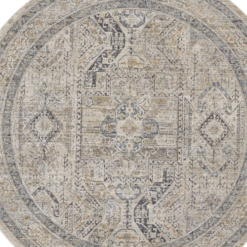 8' Ivory And Gray Medallion Distressed Round Rug With Fringe
