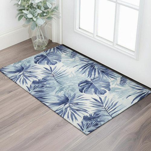 3' X 5' Blue And Ivory Floral Washable Area Rug With UV Protection