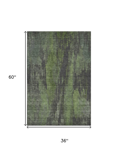 3' X 5' Olive Green Charcoal And Gray Abstract Washable Area Rug With UV Protection
