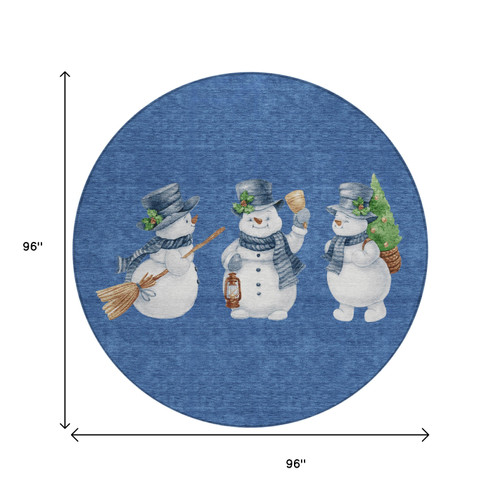 8' Navy Blue Denim Blue And Ivory Round Snowmen Washable Indoor Outdoor Area Rug
