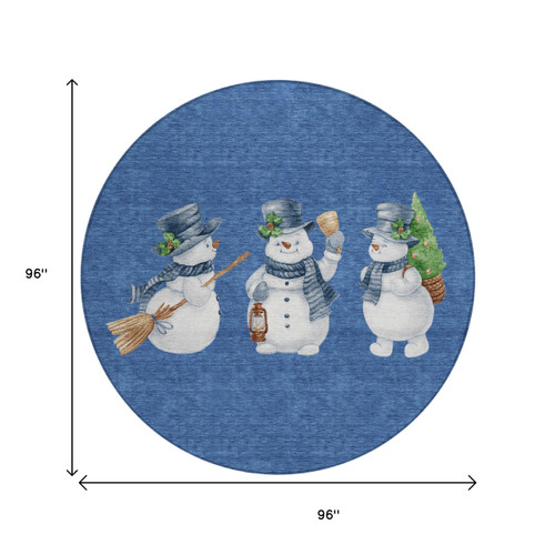 8' Navy Blue Denim Blue And Ivory Round Snowmen Washable Indoor Outdoor Area Rug