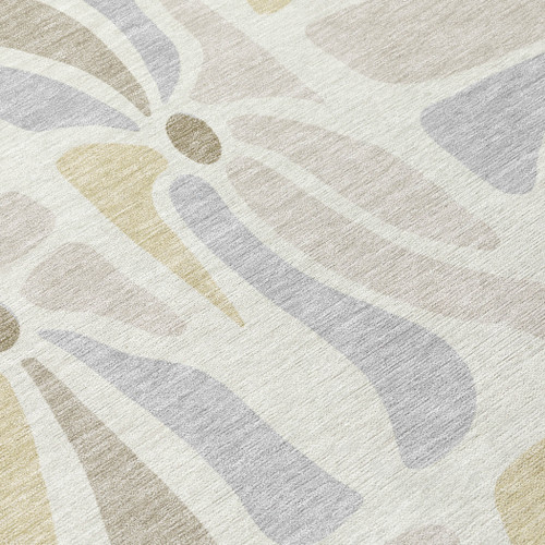 8' Ivory And Linen Round Floral Washable Indoor Outdoor Area Rug