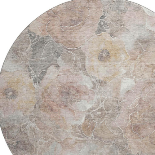 8' Taupe Beige And Ivory Floral Washable Round Rug With UV Protection