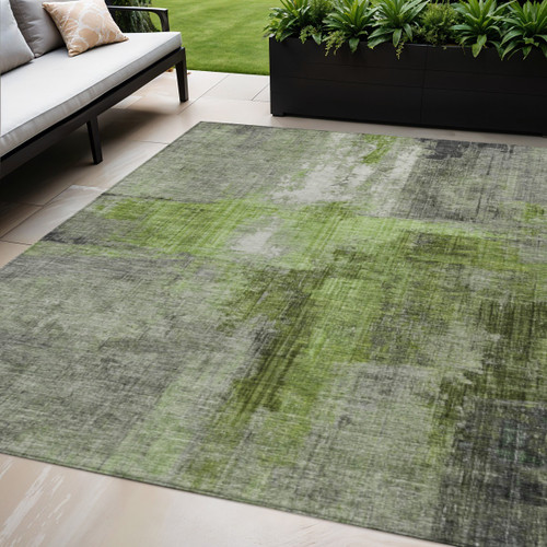 5' X 8' Fern Green And Gray Abstract Washable Indoor Outdoor Area Rug