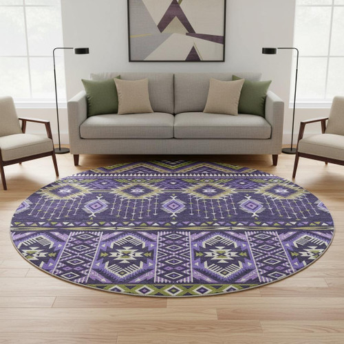 8' Purple And Fern Green Tribal Washable Round Rug With UV Protection