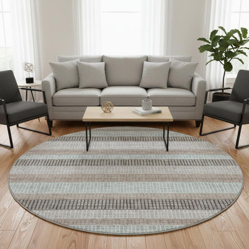 8' Taupe Ivory And Brown Striped Washable Round Rug With UV Protection