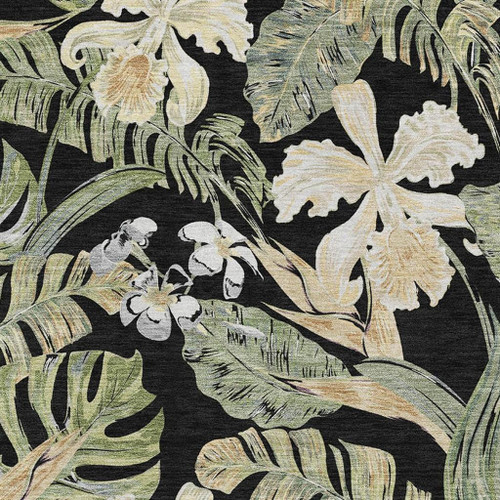 3' X 5' Black Green And Beige Floral Washable Area Rug With UV Protection