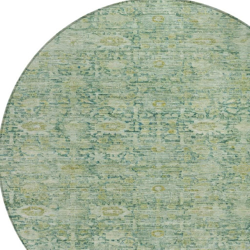 8' Artichoke Green And Teal Blue Round Oriental Washable Indoor Outdoor Area Rug