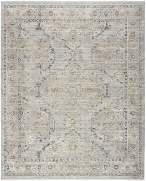 5' X 8' Beige And Blue Floral Medallion Distressed Area Rug With Fringe