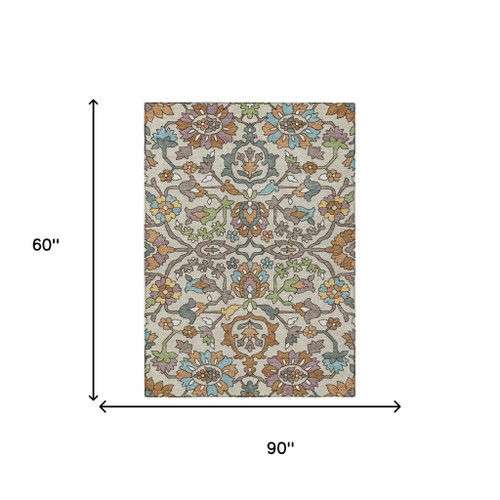 5' X 8' Beige And Orange Floral Washable Indoor Outdoor Area Rug