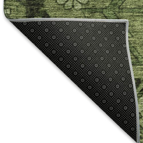 10' X 14' Olive Green And Gray Floral Washable Area Rug With UV Protection