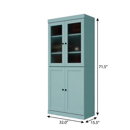 72" Aqua Solid Wood Adjustable Six Tier Library Bookcase with Four Doors
