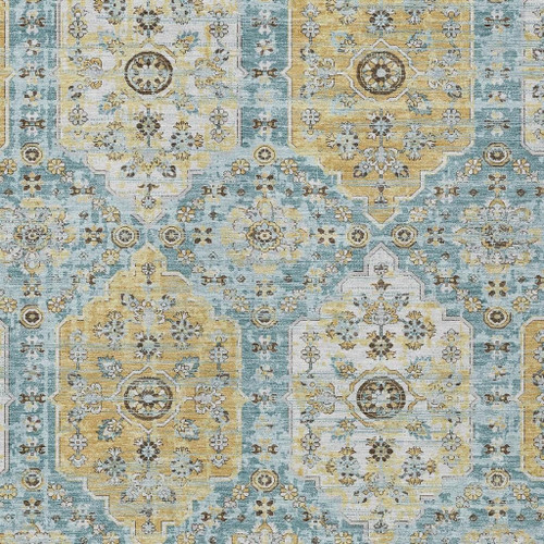 8' X 10' Teal Blue And Pewter Damask Washable Indoor Outdoor Area Rug