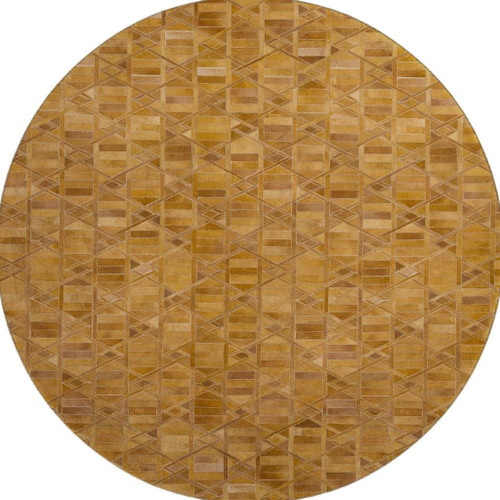 8' Brown Beige And Gold Geometric Washable Round Rug With UV Protection