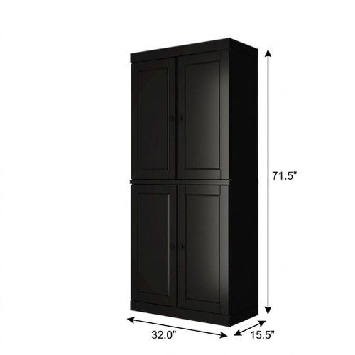 72" Black Solid Wood Adjustable Six Tier Library Bookcase with Four Doors
