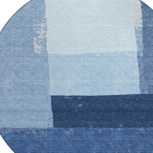 8' Blue And Denim Blue Round Geometric Washable Indoor Outdoor Area Rug