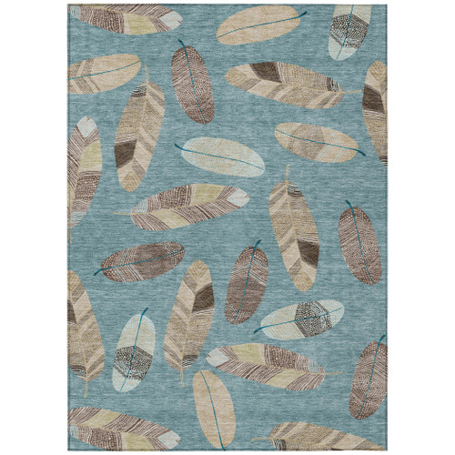 3' X 5' Teal Blue And Ivory Botanical Leaves Washable Indoor Outdoor Area Rug
