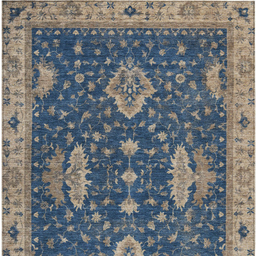 10' X 14' Navy Blue And Beige Floral Washable Indoor Outdoor Area Rug