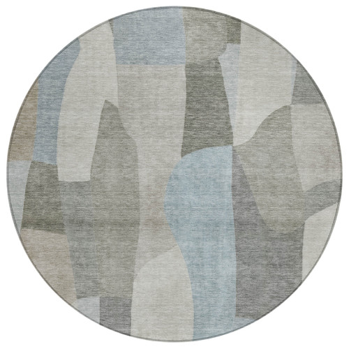 8' Taupe And Blue Round Abstract Washable Indoor Outdoor Area Rug