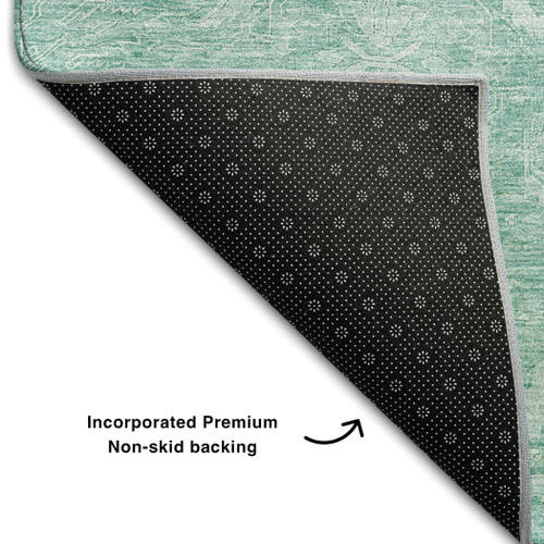 8' X 10' Aqua And Ivory Damask Washable Area Rug With UV Protection