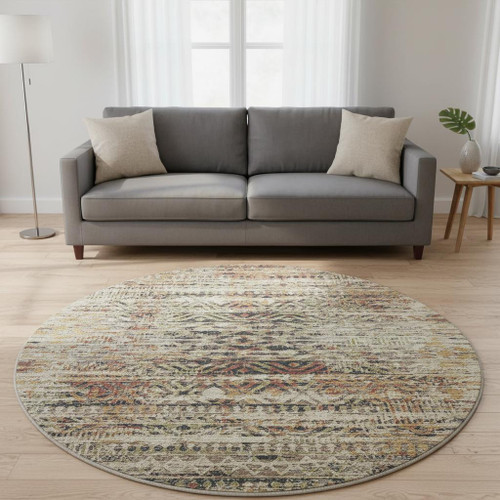 8' Beige Charcoal And Copper Moroccan Washable Round Rug With UV Protection