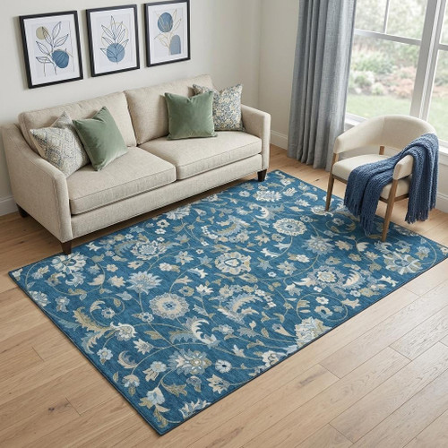 5' X 8' Navy Blue Ivory And Beige Floral Washable Area Rug With UV Protection