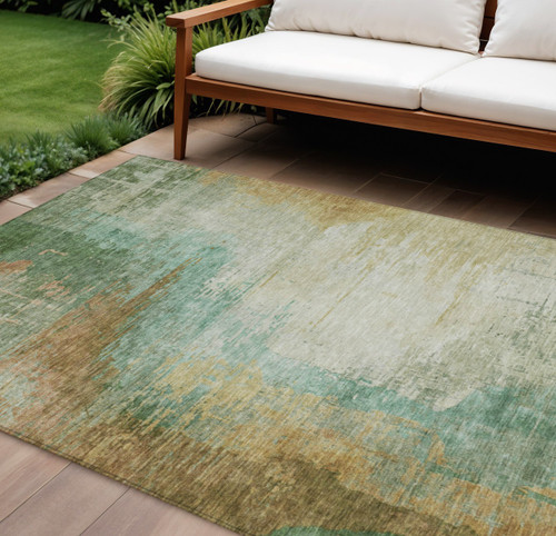 8' X 10' Artichoke Green Brown And Beige Abstract Washable Indoor Outdoor Area Rug