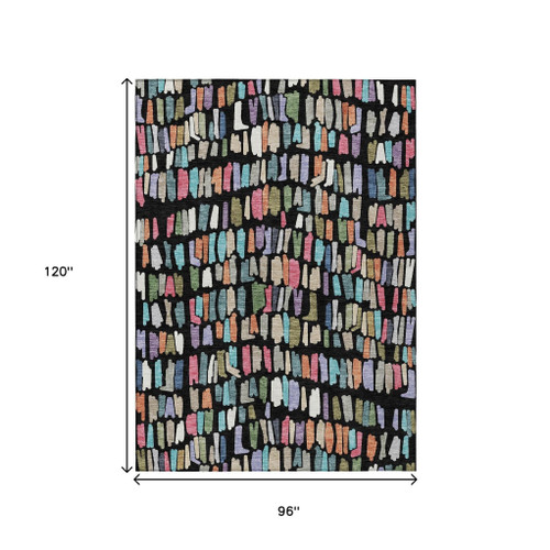 8' X 10' Black Pink And Green Striped Washable Indoor Outdoor Area Rug