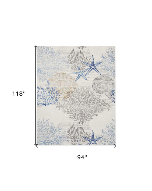 8' X 10' Ivory Blue And Gray Seashell and Coral Non Skid Area Rug