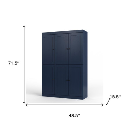 72" Navy Blue Solid Wood Six Door Two Drawer Pantry Or Storage Closet