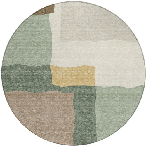 8' Artichoke Green Brown And Beige Round Abstract Washable Indoor Outdoor Area Rug