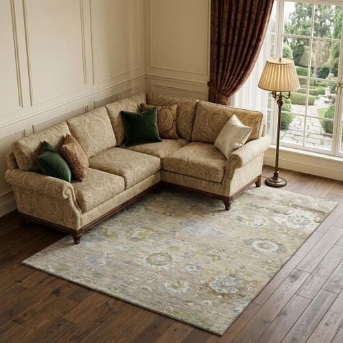 8' X 10' Beige Green And Blue Floral Washable Area Rug With UV Protection