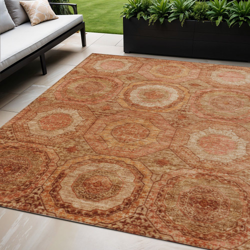 5' X 8' Terra Cotta Copper And Peach Geometric Washable Indoor Outdoor Area Rug